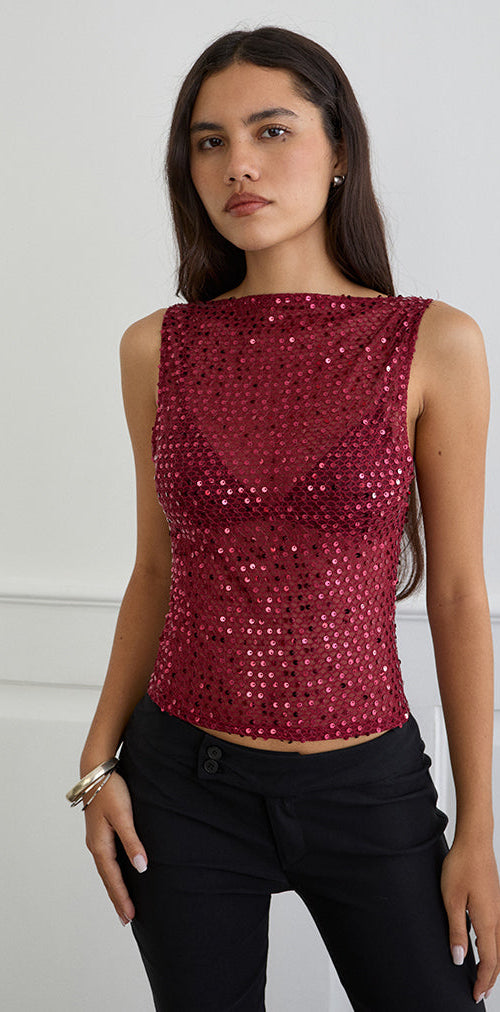 Image of Dudley Vest Top in Sequin Knit Burgundy