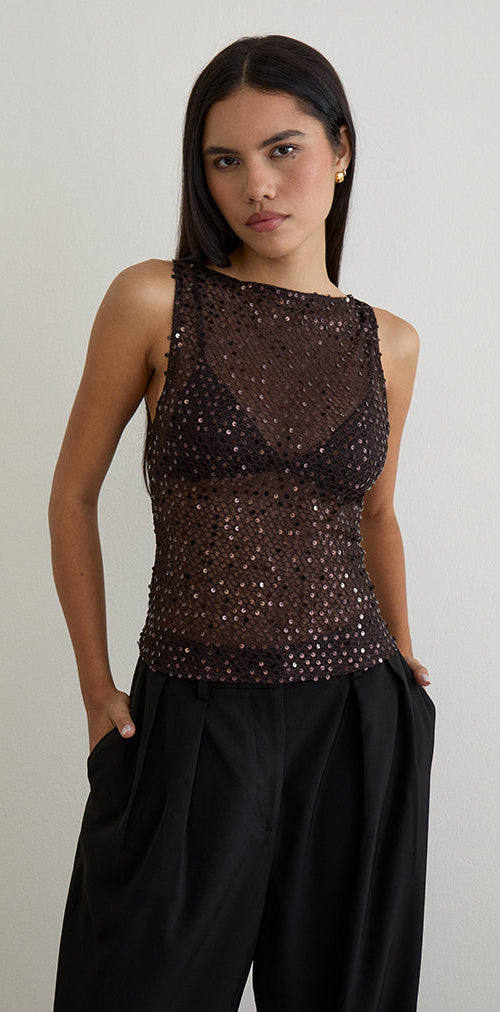 Image of Dudley Vest Top in Sequin Knit Coffee