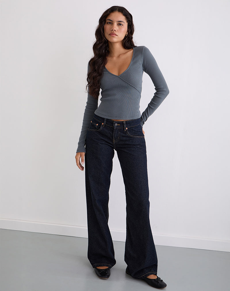 Dulcet Geripptes Langarm-Top in Blau Granit