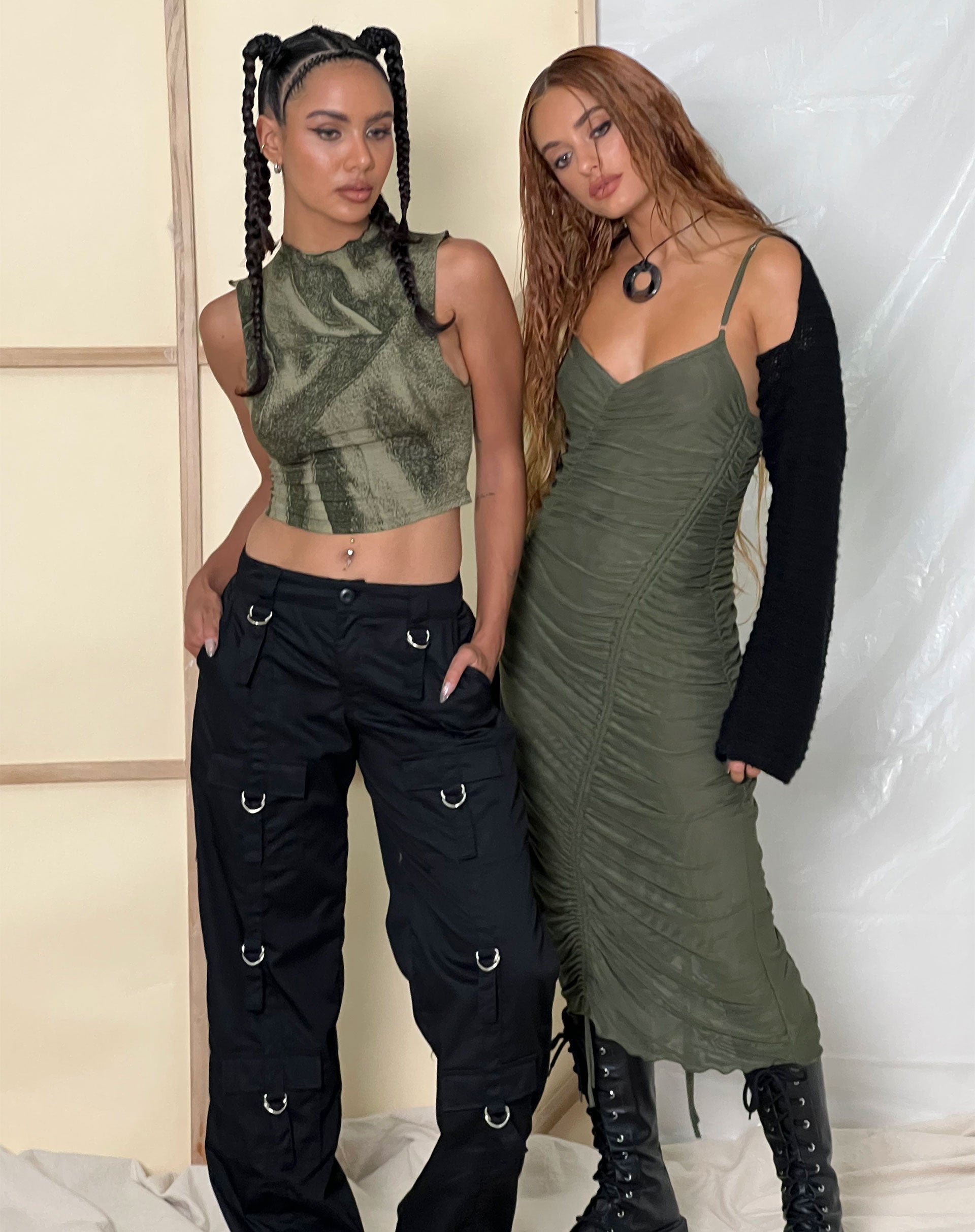 image of Dulcia Ruched Mesh Midi Dress in Green Leaf