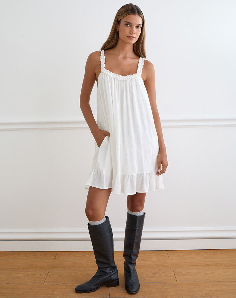 Image of Elowen Frill Mini Dress in Crinkle Off White