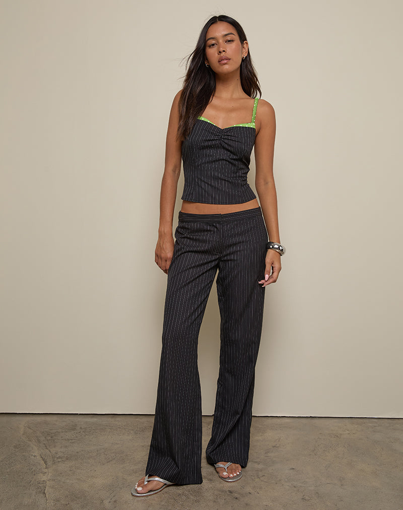Elsa Top in Pinstripe Black with Green Binding