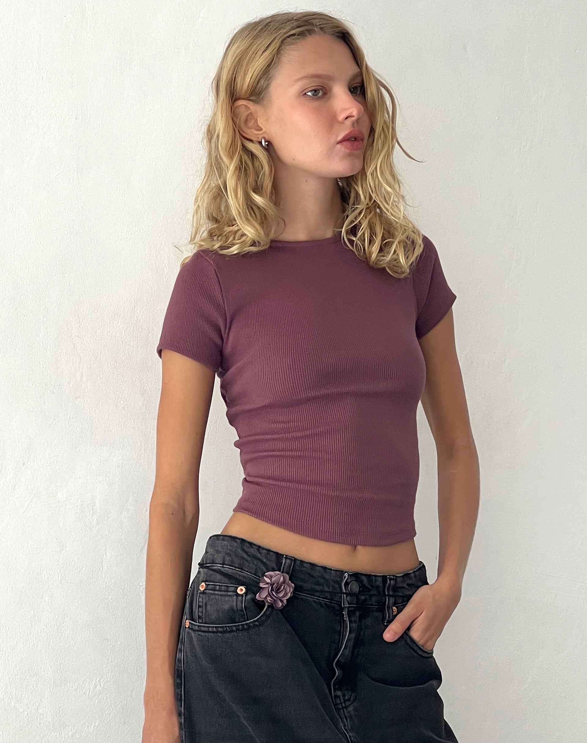 Image of Elyto Ribbed Open Back Tee in Mauve