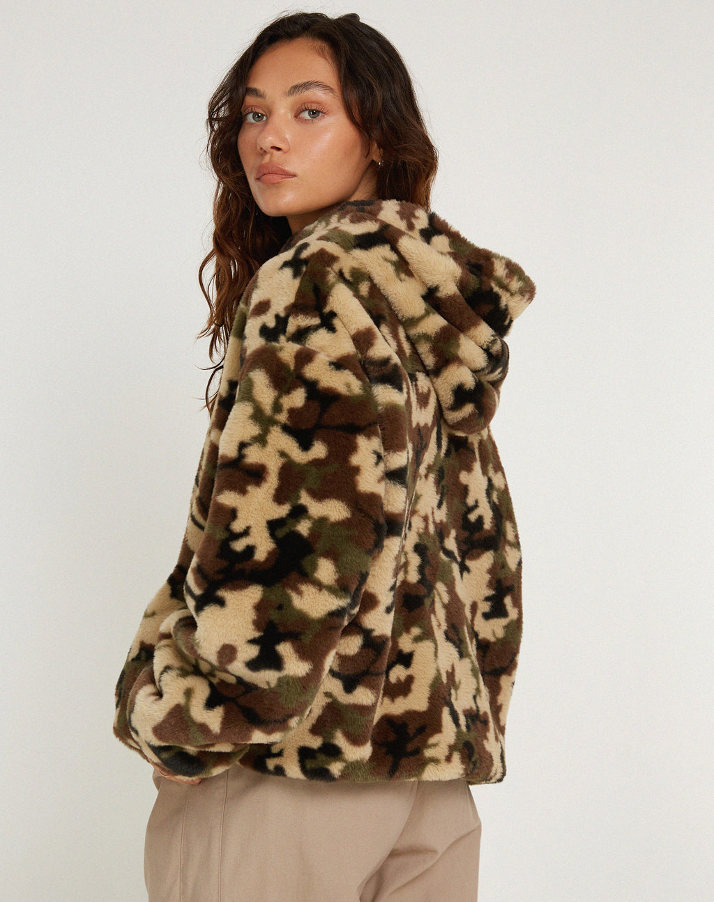 Emerson Faux Fur Jacket in Camo Brown Pebble