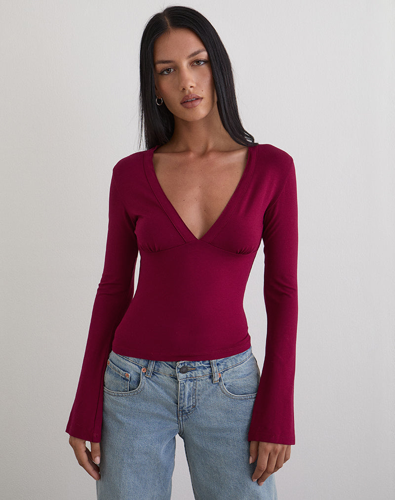 Image of Emesy Long Sleeve Top in Burgundy
