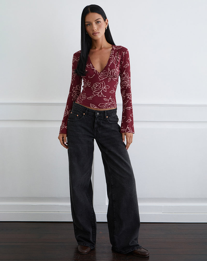 Image of Emesy Long Sleeve Top in Outline Rose Marooon