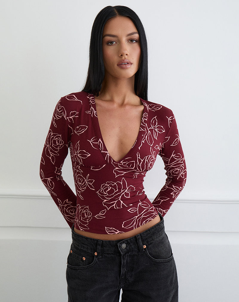 Image of Emesy Long Sleeve Top in Outline Rose Marooon