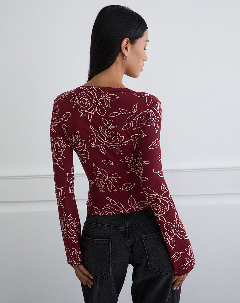 Image of Emesy Long Sleeve Top in Outline Rose Marooon