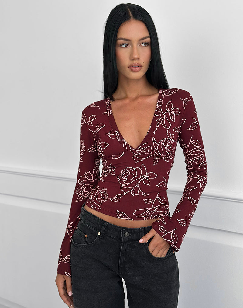 Image of Emesy Long Sleeve Top in Outline Rose Marooon