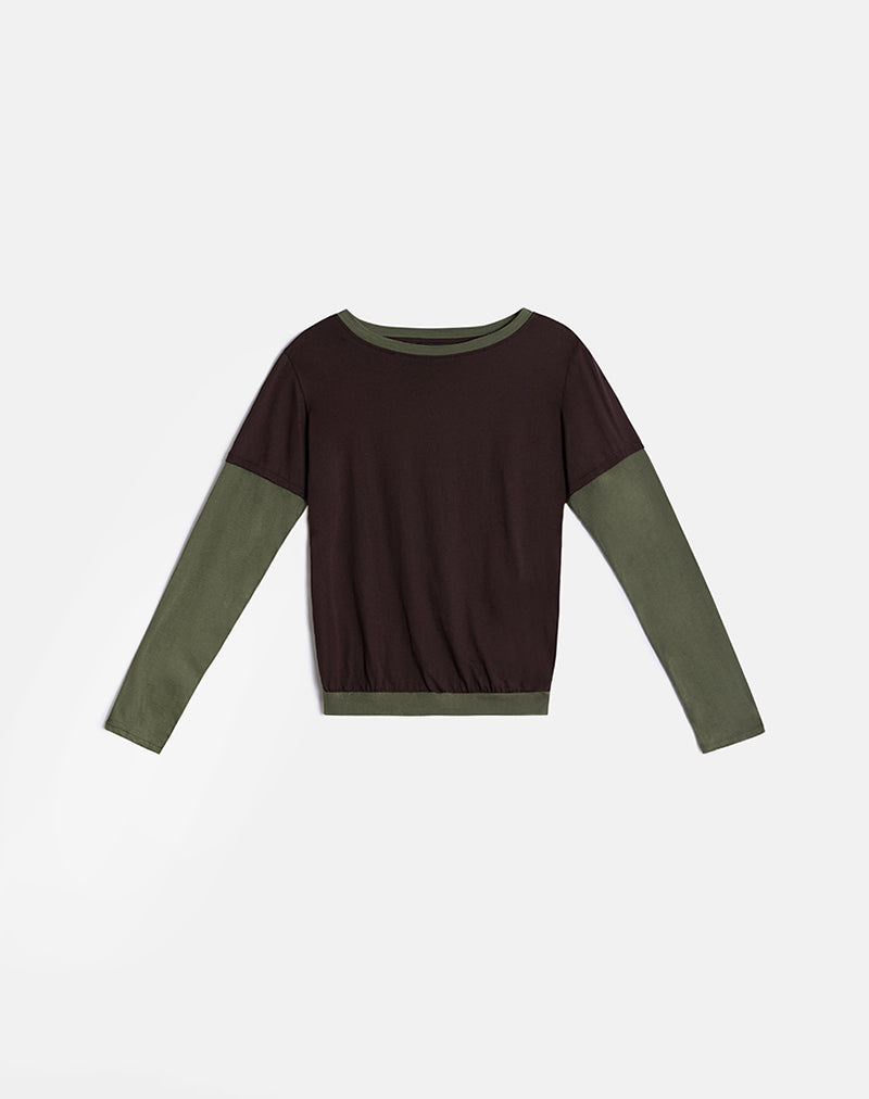 Image of Enidy Long Sleeve Top in Jersey Chocolate and Khaki Combo