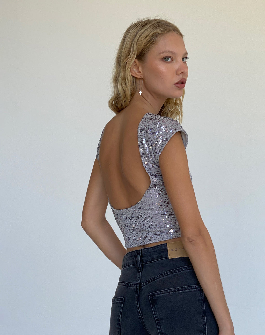 Erika Backless Top in Silver Sequin