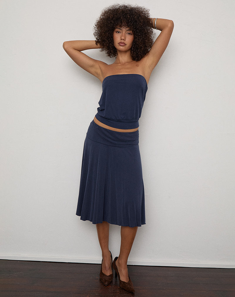 Image of Esenia Midi Skirt in Cupro Navy