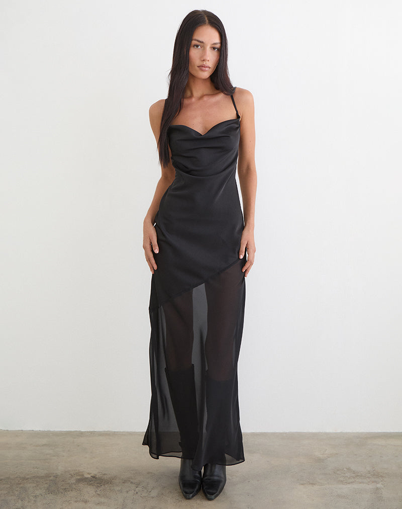 Black Satin Chiffon Cowl Open Back Slip Maxi Dress