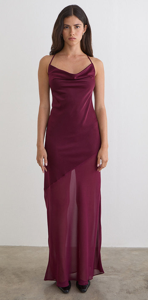 Image of Eshara Maxi Dress in Chiffon Satin Burgundy