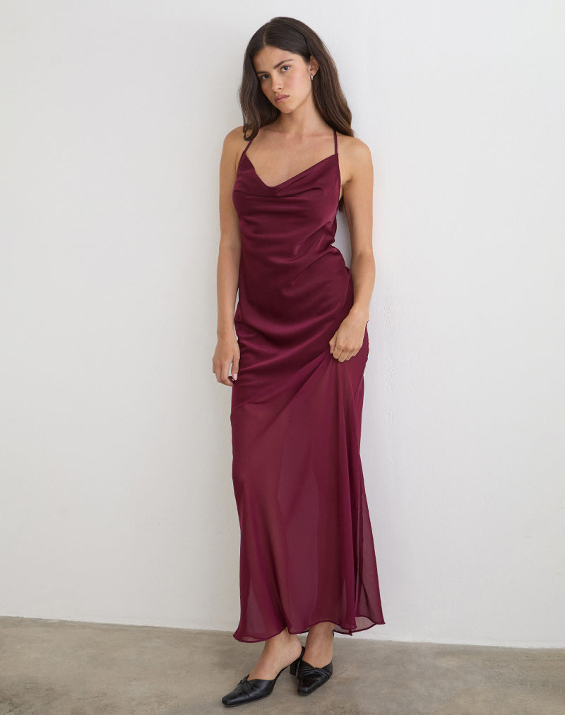 Image of Eshara Maxi Dress in Chiffon Satin Burgundy