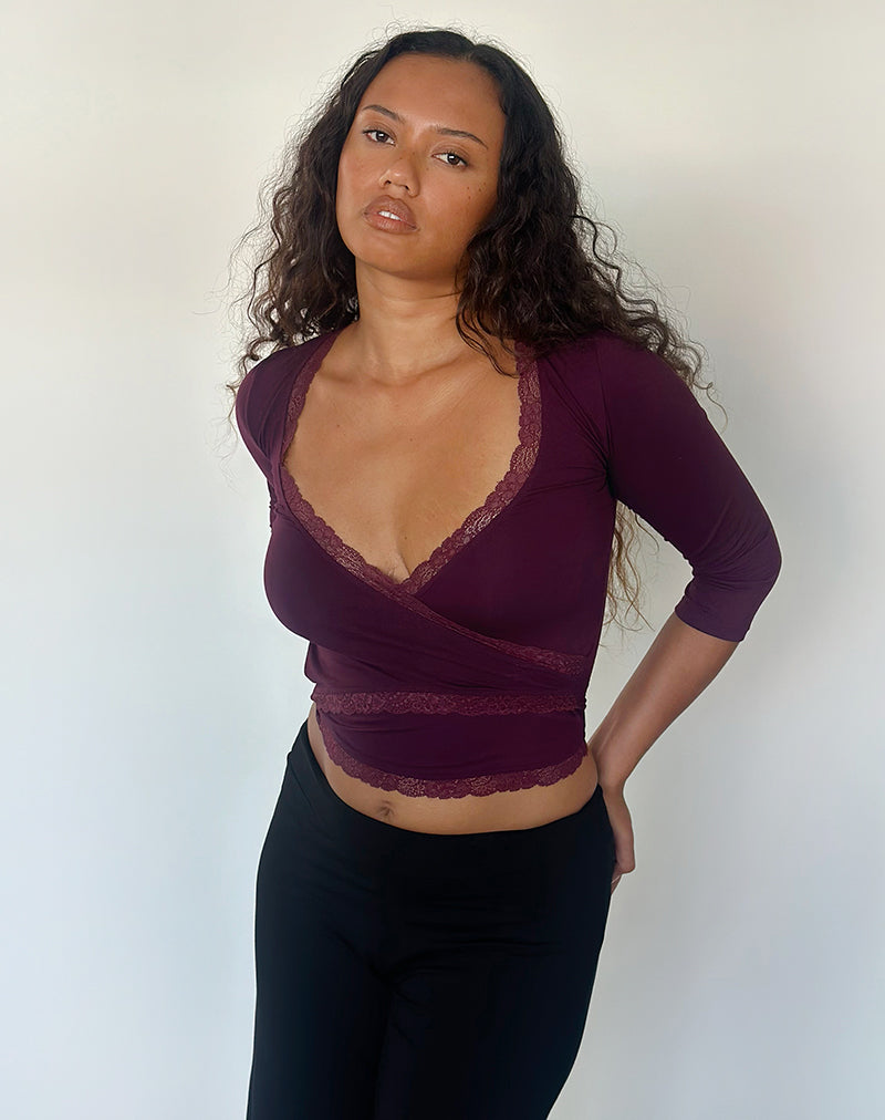 Image of Euis Quarter Sleeve Wrap Top in Fig with Lace Trim