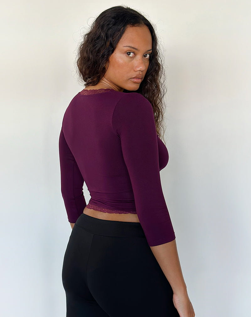 Image of Euis Quarter Sleeve Wrap Top in Fig with Lace Trim