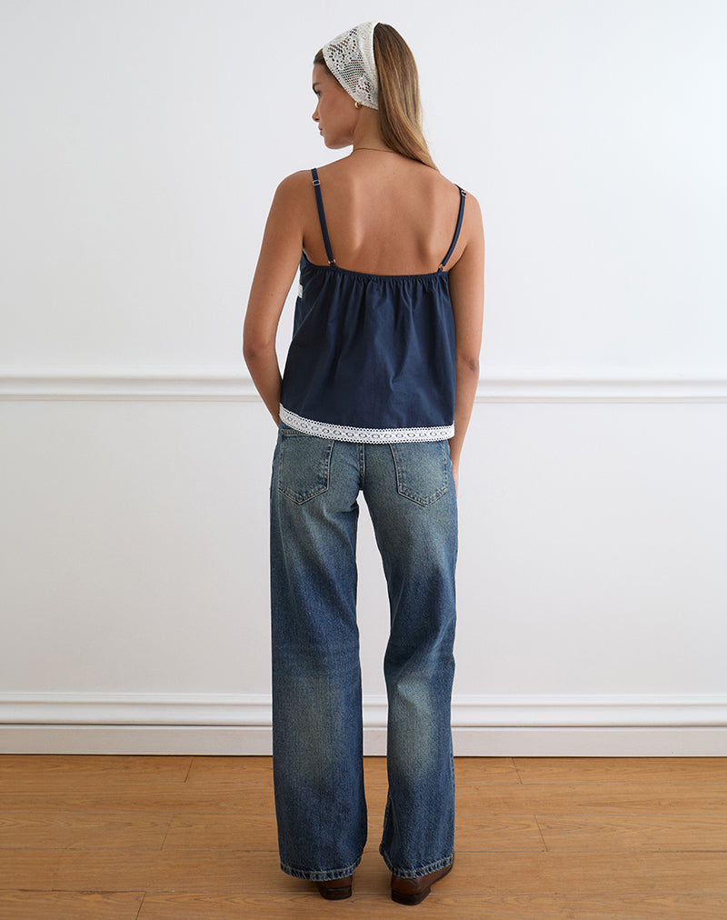 Image of Evren Cami Top in Dark Navy with Lace Trim