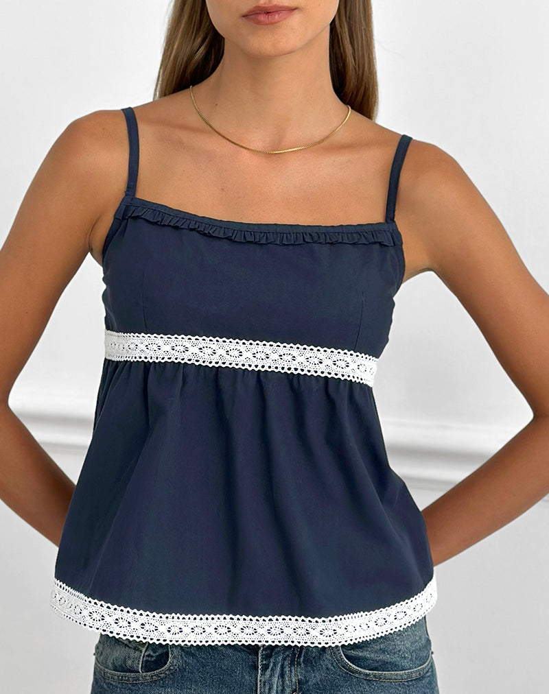 Evren Cami Top in Dark Navy with Lace Trim