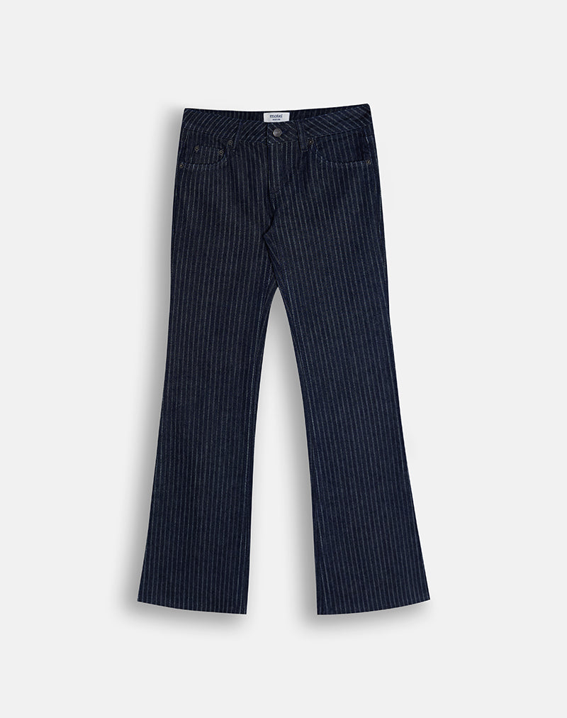 Jeans a vita bassissima e a zampa in indaco a righe