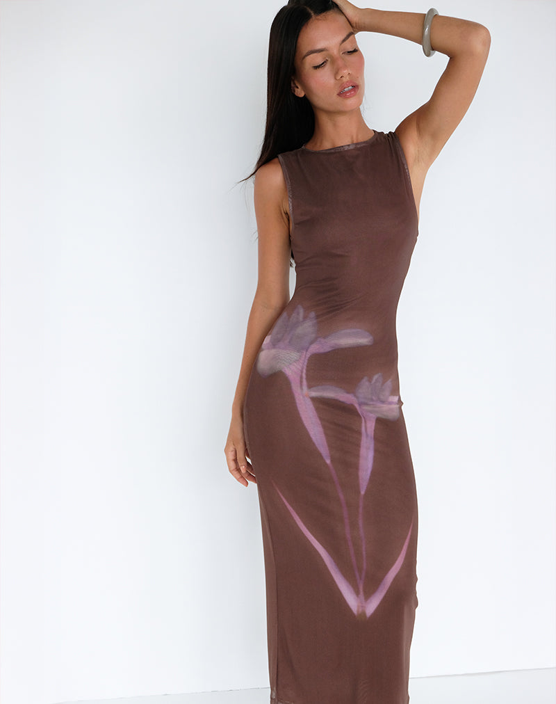 Fayola Maxi Dress in Blurred Floral Print Brown