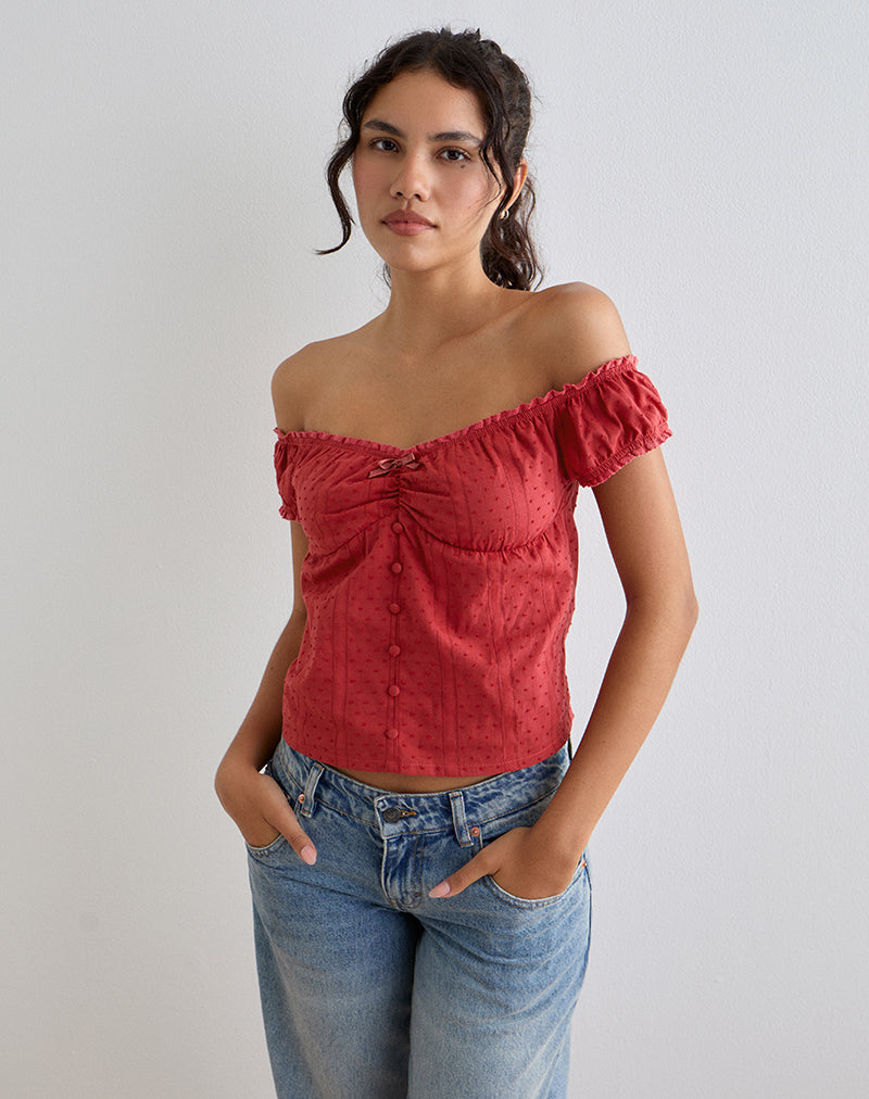 Fayra Bardot Korsett-Top aus Baumwolle Dobby Rot