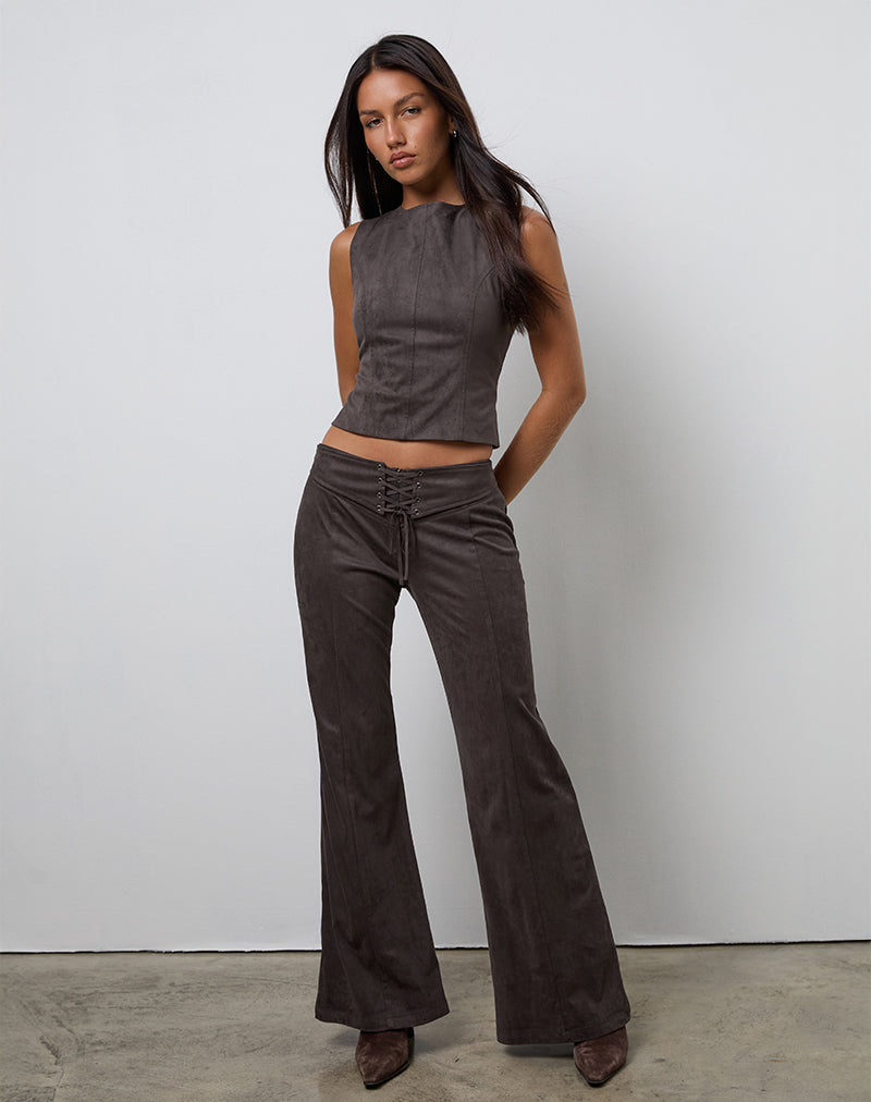 Image of Felia Tie Back Top in Faux Suede Dark Chestnut