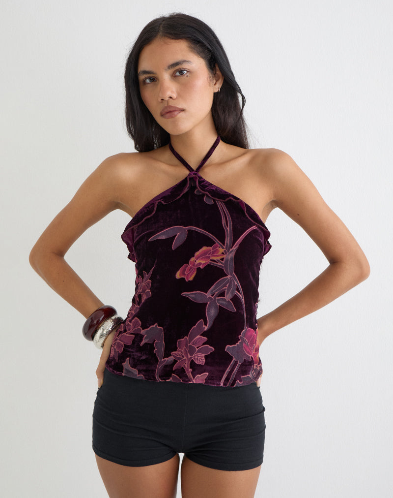 Fiorella Top in Floral Devore Burgundy