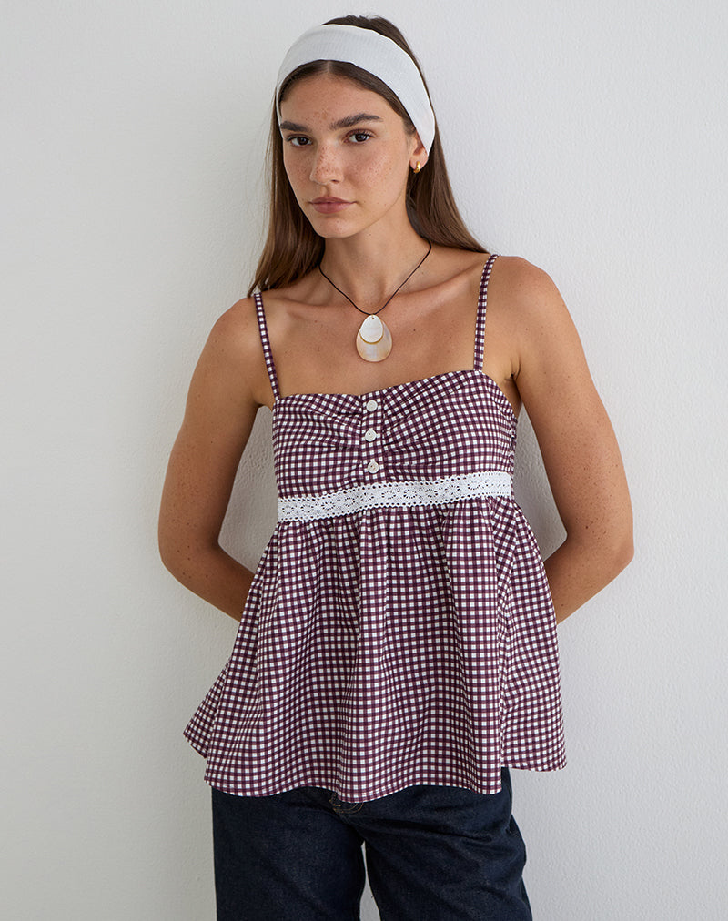Flika Cami Top in Mini Gingham Wine