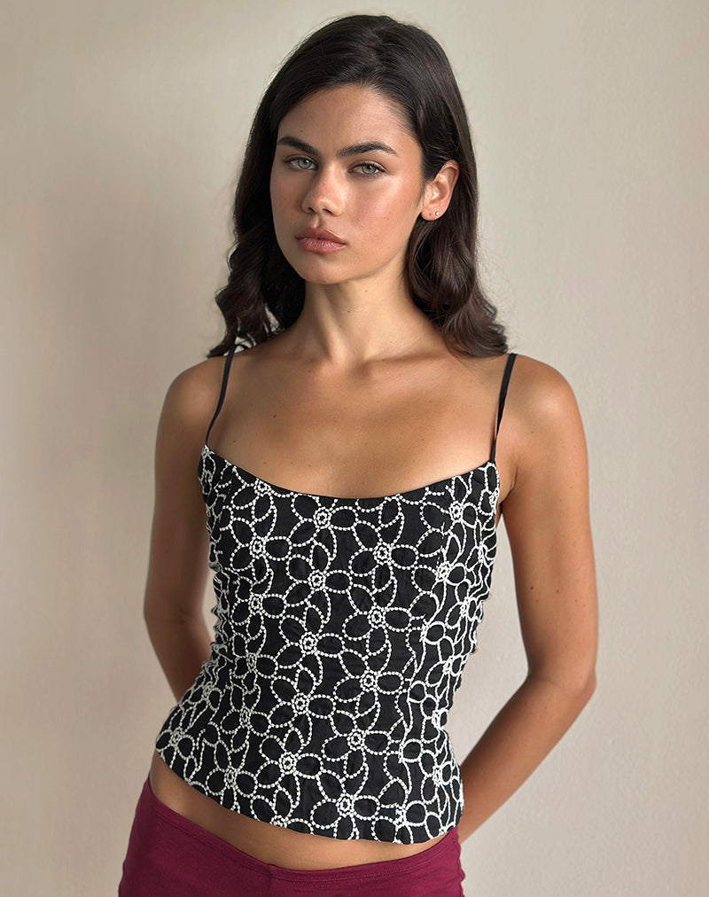 Black Flower Embroidered Open Back Cami Top | Florina – motelrocks