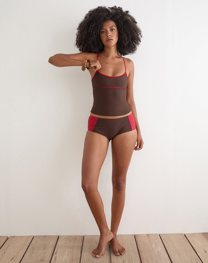 Avilina Swim Short in Brown with Red Binding