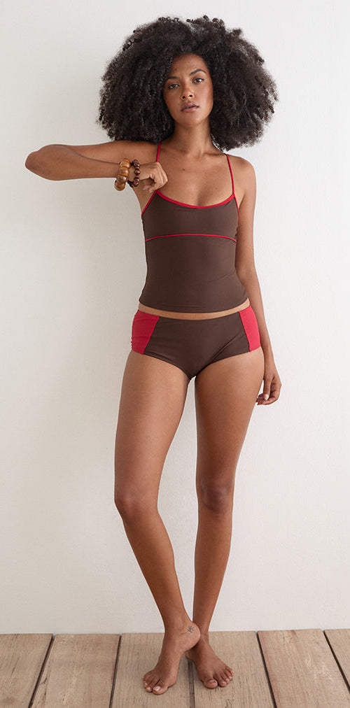 Image of Avilina Swim Short in Brown with Red Binding
