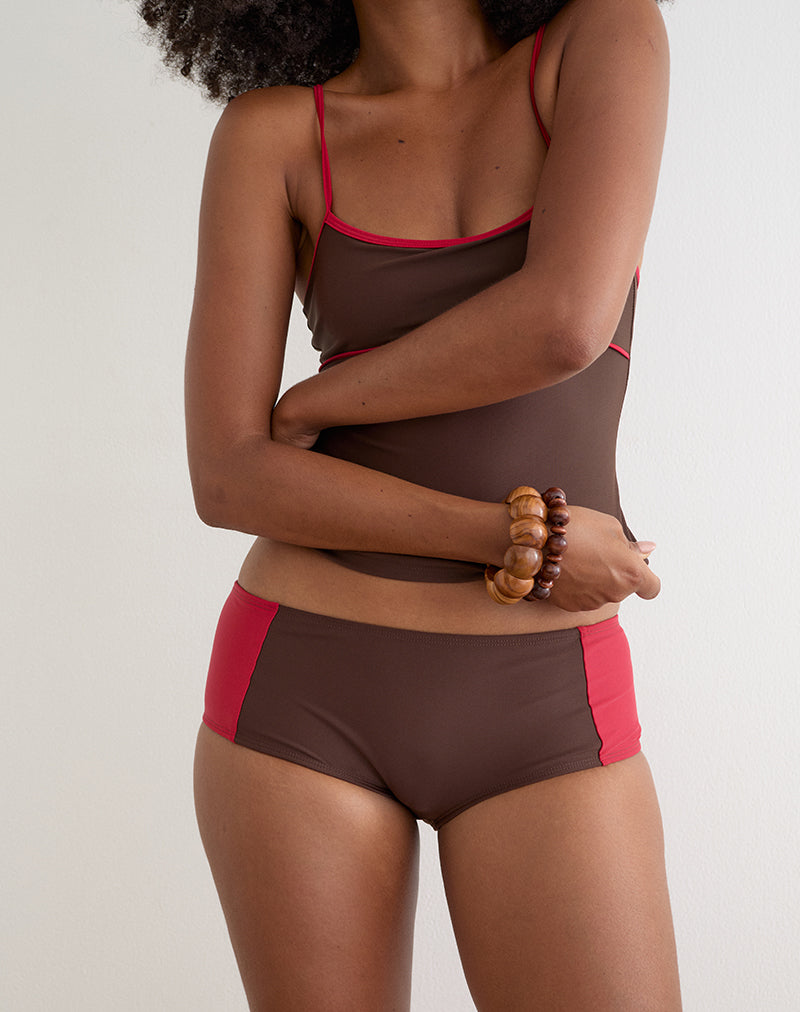 Avilina Swim Short in Brown with Red Binding