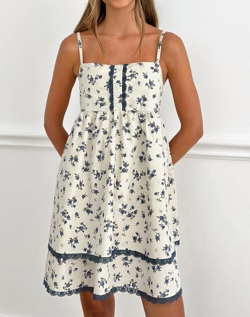 Image of Gal Mini Dress in Ditsy Leaf Rose Navy
