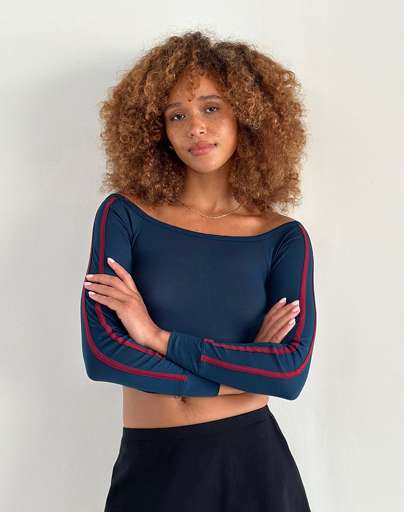 Image of Gavya Bardot Long Sleeve Top in Navy with Adrenaline Red Stripe