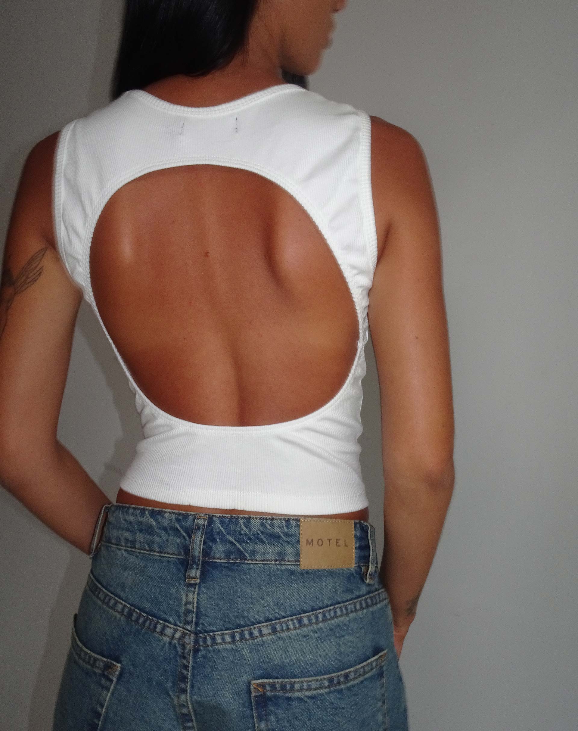 white backless tank top