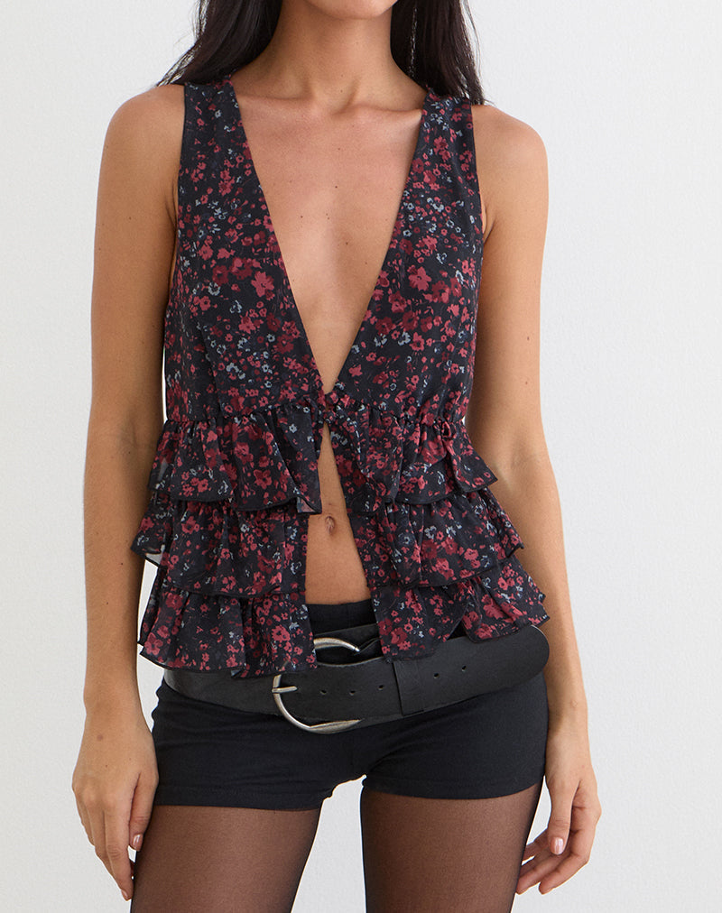 Gendhis Weste aus Chiffon mit verstreuten Blumenmustern in Schwarz und Rot