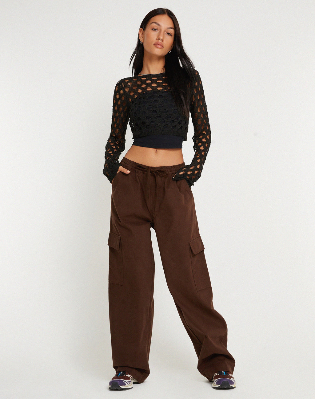 Pantalon cargo à jambe large Geona en marron