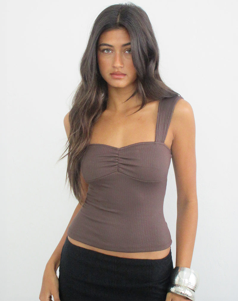 Image of Gincu Ruched Top in Thick Ribbed Coffee Quartz