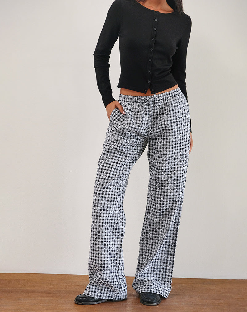 Pantalon large en lin Wasic à carreaux vichy fleuris noir