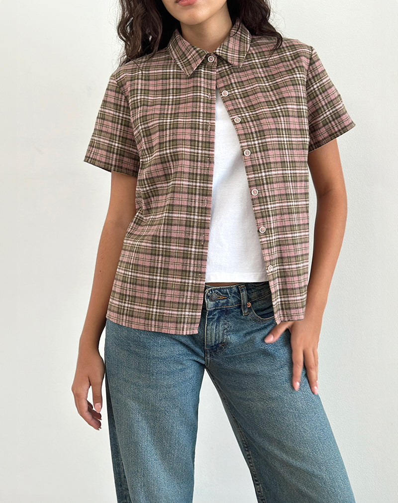 Gosanri Short Sleeve Shirt in Pink and Green Check