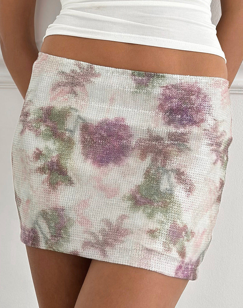 Image of Govinda Mini Skirt in Floral Sequin White Purple