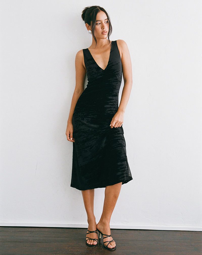 Image of Gracelyn Midi Dress in Flocked Random Brush Black