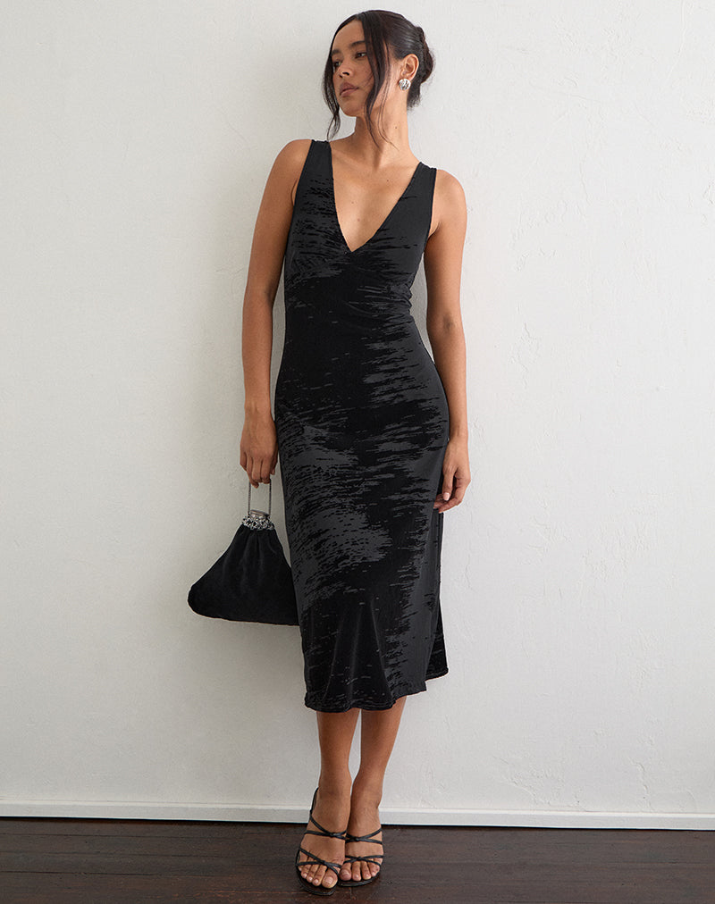 Image of Gracelyn Midi Dress in Flocked Random Brush Black