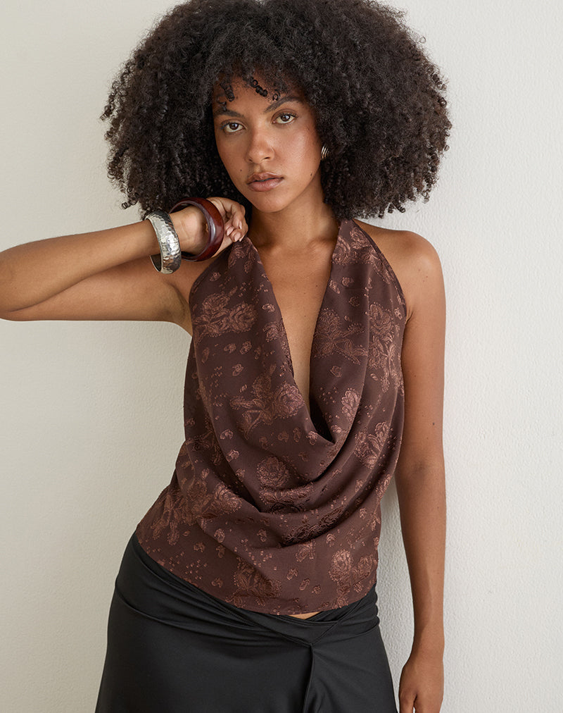 Haut à capuche « Greece » en mousseline jacquard à motifs floraux, marron