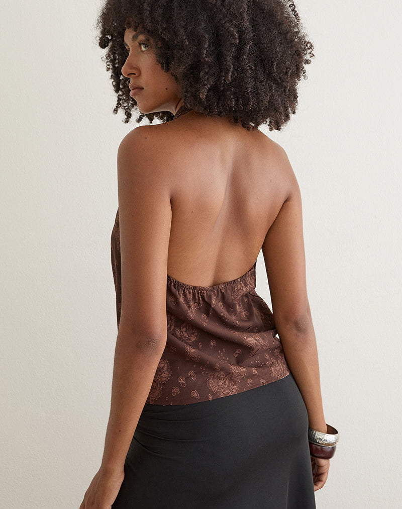 Photo du haut à col bénitier « Greece » en mousseline jacquard à motifs floraux, couleur marron