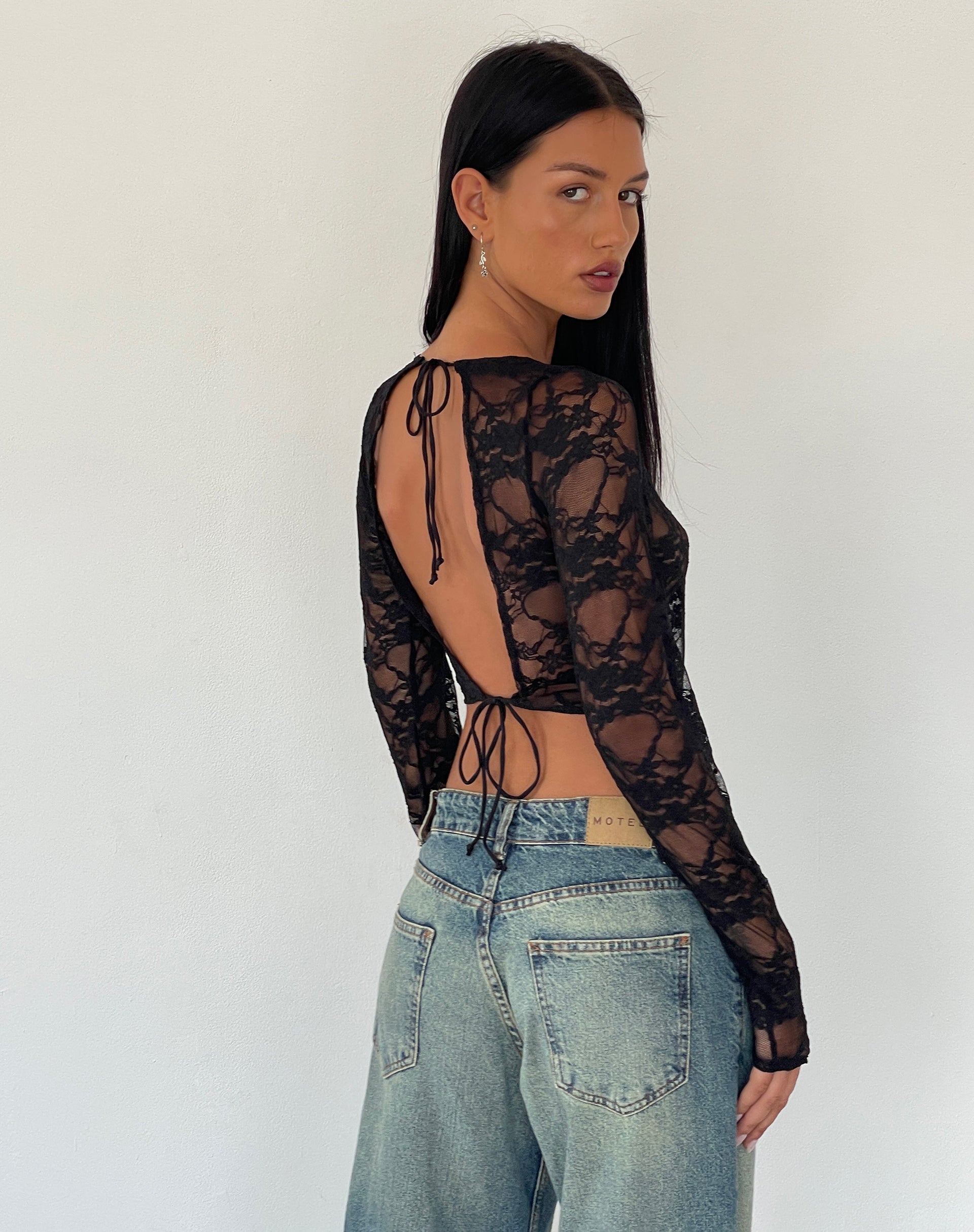 Black Abstract Lace Backless Long Sleeve Top | Grizelda