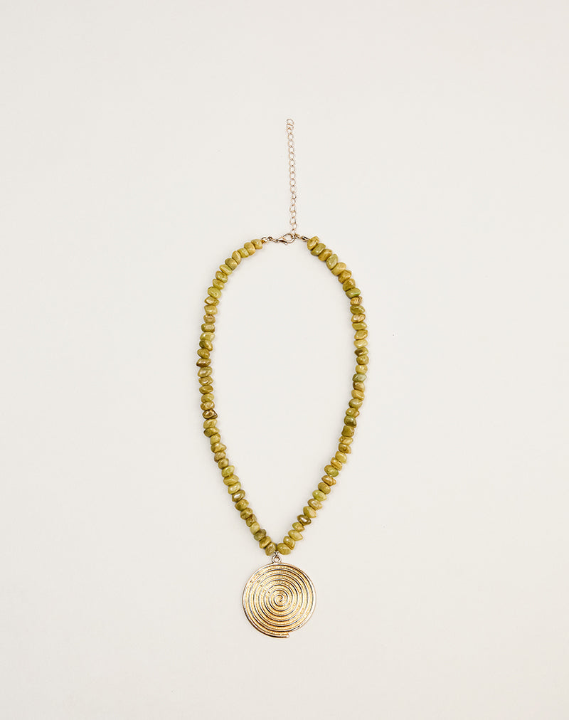 Green Bead Necklace with Gold Pendant