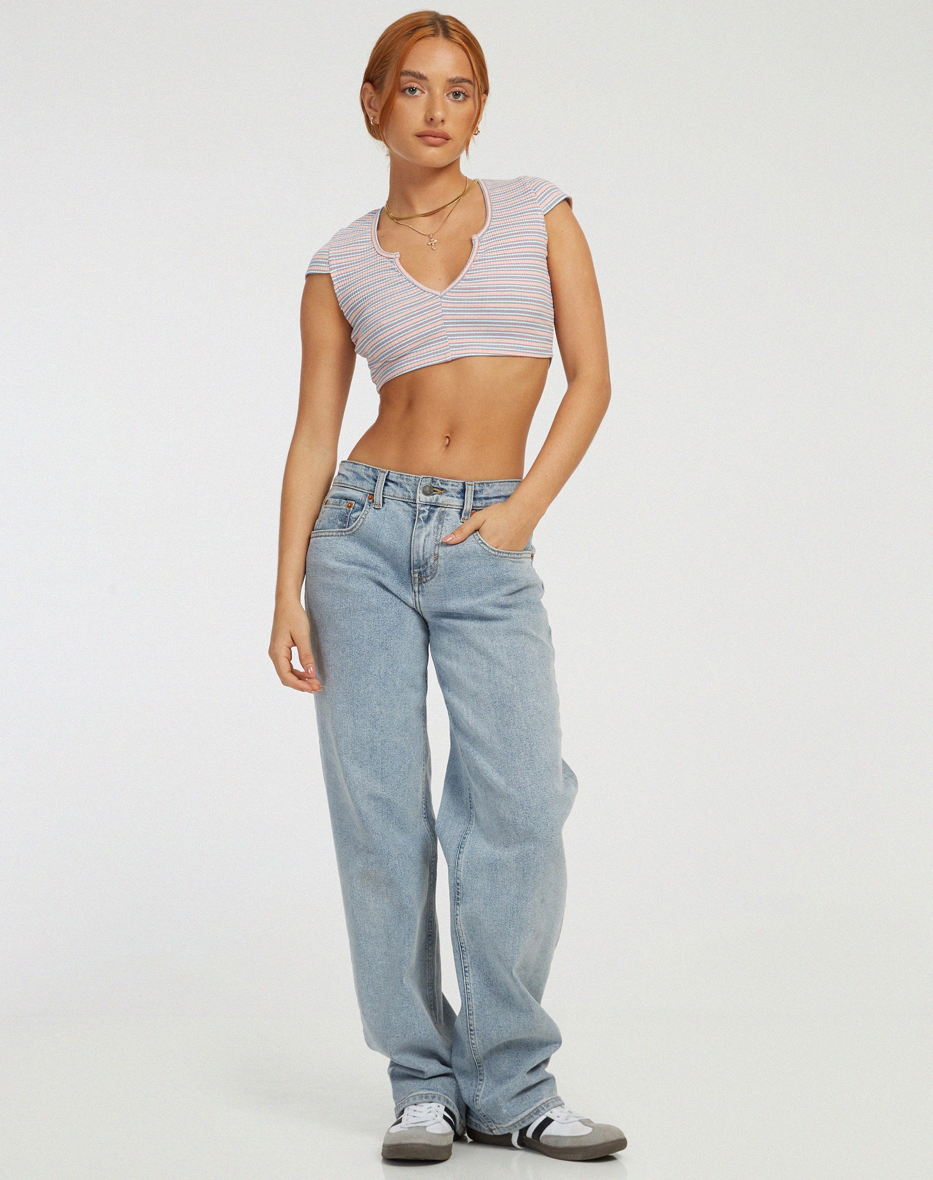 image of Guanna Crop Top in Stripe Rib Blue and Peach