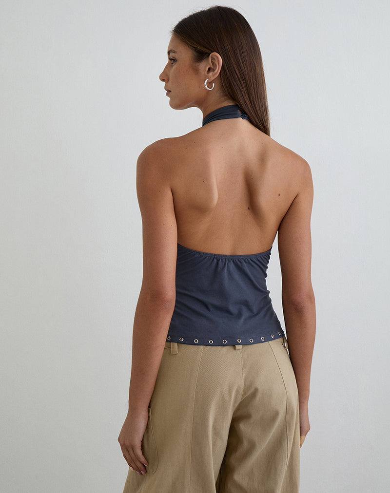 Image of Gyomei Wrap Top in Jersey Ocean Storm with Eyelets